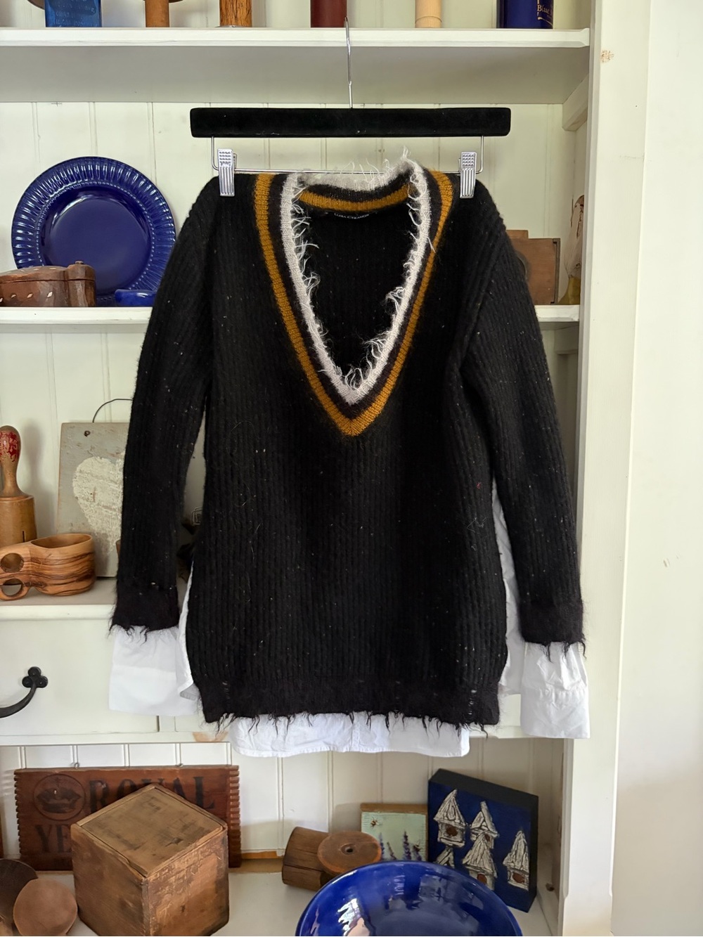 Luisa Cerano Black V-Neck Sweater with Mustard Trim